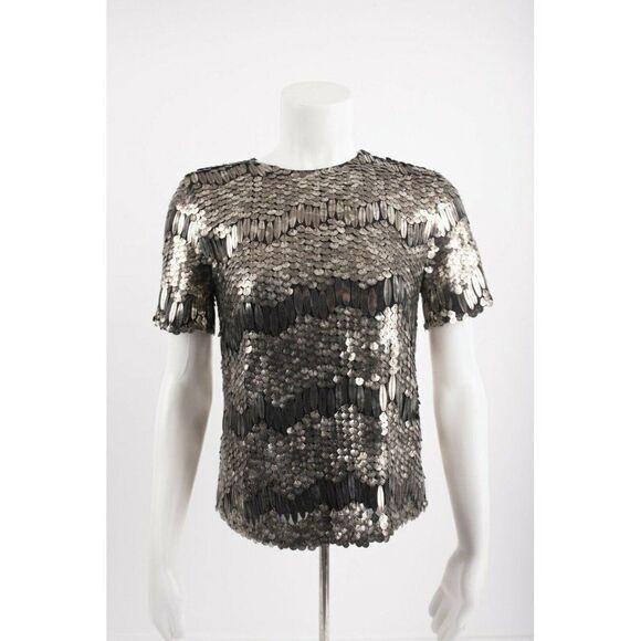 Elie Tahari Womans Java Sequin Blouse Shirt Size S Art Deco Silver Platinum NWT